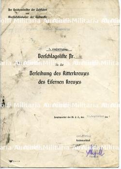 Proposal for the award of the Ritterkreuz. Proposition obtention Ritterkreuz.