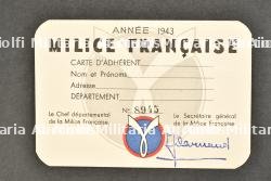 Carte d'adhérent de la Milice française.