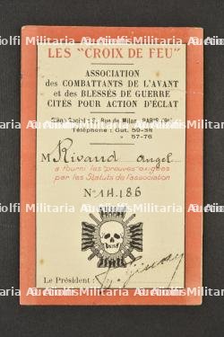Carte de membre des Croix de Feu. Croix de Feu membership card.