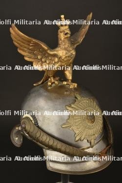 Casque de Kurassier modele 1862 reconstitue en Leibgendarme. Prussian cuirassier spiked helmet with reproduction of a Leibgendarme eagle. Kurassier Helm M1862 mit Leibgendarme Neufertigung Adler