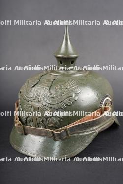 Casque à pointe prussien ersatz en tôle feldgrau fabricant Weissenburger. Prussian ersatz pickelhaube in feldgrau sheet steel, maker Weissenburger