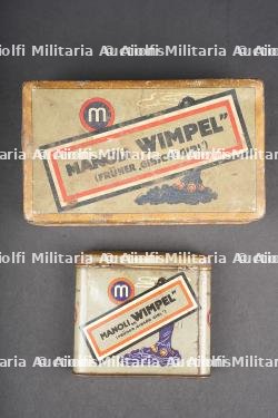 Lot de 2 boîtes de cigarettes allemandes Manoli Wimpel. Lot of two German Manoli Wimpel cigarette tins.