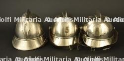 Allemagne, lot de trois casques de sapeurs-pompiers nickeles. Germany, set of three nickel-plated firefighter helmets. — miniature 12