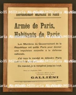 Affiche du gouvernement militaire de Paris, proclamant l’état de défense de la capitale, sous les ordres du général Gallieni