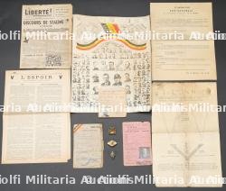 Cartes, insignes et publications de la Resistance. Resistance membership cards, badges and publications.