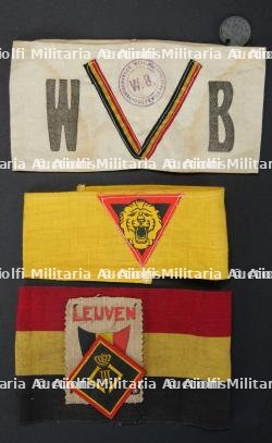 Lot de 3 brassards de resistants belges, Oostende et Leuven. Set of three Belgian Resistance armbands from Ostend and Leuven.