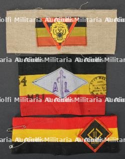 Lot de 3 brassards de resistants belges, dont Verviers. Set of three Belgian Resistance armbands, including one from Verviers.