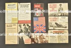 Lot de neuf tracts aeriens allies et d’un tract allemand. Group of nine Allied air-dropped leaflets and one German leaflet.