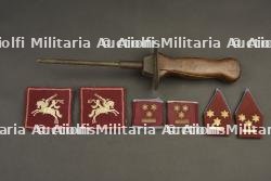 Poignard d’entraînement et insignes d’un colonel parachutiste. Training dagger and insignia of a parachute colonel.