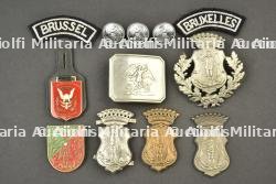 Plaques de coiffure et ceinturon de la police de Bruxelles. Brussels police headdress badges and belt fittings.