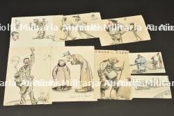 Ensemble de 8 dessins originaux, caricatures de soldats français