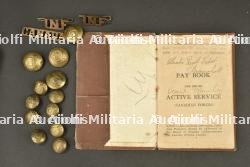 Boîte en tole du CEF, Pay Book, titres d'épaule, boutons, miroir, huilier Enfield, calendrier 1915 d'un soldat du 10th Battalion CEF — photo 4