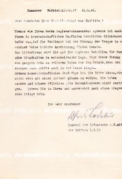 LETTRES DU GENERAL D’INFANTERIE FREIHERR VON LEDEBUR(1868-1951) ET DIETRICH VON CHOLTITZ(1894-1966), DERNIER KOMMANDANT DU GROSS-PARIS