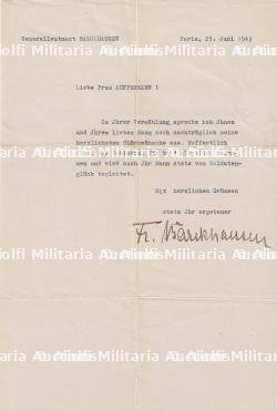 COURRIER DU GÉNÉRAL BARCKHAUSEN FRANZ (1882-1956) À MADAME AUFFERMANN. PARIS LE 25 JUIN 1943.