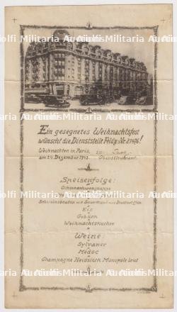 MENU DE L’HÔTEL LUTETIA , ABWEHR , NOËL 1943