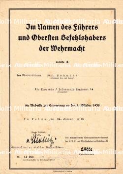 DIPLÔME DE LA MÉDAILLE DU SOUVENIR DU 1er OCTOBRE 1938 , MEDAILLE ZU ERINNERUNG AN DEN 1.OKTOBER 1938 , DIETRICH VON CHOLTITZ , EN CAMPAGNE, 26-06-1940