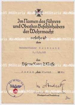 DIPLÔME DE LA CROIX DE FER 2è CLASSE , EISERNEKREUZ 2.KLASSE , VON STUDNITZ , PARIS, 17-06-1940
