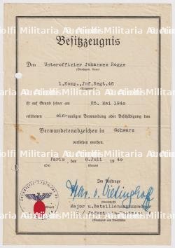 DIPLÔME DE L'INSIGNE DES BLESSES EN NOIR , VERWUNDETENABZEICHEN IN SCHWARZ , FREIHER VON VITINGHOFF , PARIS, 08-07-1940. — photo 1