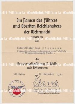 DIPLÔME DE LA CROIX DU MÉRITE DE GUERRE 2è CLASSE AVEC ÉPÉES , KRIEGSVERDIENSTKREUZ 2.KLASSE MIT SCHWERTEN , SPERRLE , PARIS, 12-11-1940