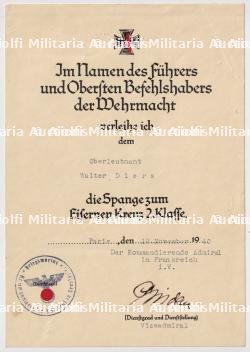 DIPLÔME DU RAPPEL 1939 DE LA CROIX DE FER 2.KLASSE 1914 , SPANGE ZUM EISERNENKREUZ 2. KLASSE , KARL-GEORG SCHUSTER , PARIS, 12-11-1940 — miniature 2