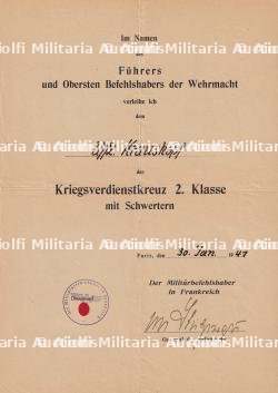 DIPLÔME DE LA CROIX DU MÉRITE DE GUERRE 2è CLASSE AVEC ÉPÉES , KRIEGSVERDIENSTKREUZ 2.KLASSE MIT SCHWERTEN , VON STULPNAGEL , PARIS, 30-01-1941 — photo 1