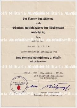 DIPLÔME DE LA CROIX DU MÉRITE DE GUERRE 2è CLASSE AVEC ÉPÉES , KRIEGSVERDIENSTKREUZ 2.KLASSE MIT SCHWERTEN , VON STULPNAGEL , PARIS, 20-04-1942
