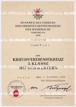DIPLÔME DE LA CROIX DU MÉRITE DE GUERRE 2è CLASSE AVEC ÉPÉES , KRIEGSVERDIENSTKREUZ 2.KLASSE MIT SCHWERTEN , VON STULPNAGEL , PARIS, 01-09-1942 — photo 1