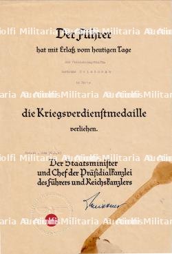 DIPLÔME DE LA MÉDAILLE CIVIL DU MÉRITE DE GUERRE, KRIEGSVERDIENTSMEDAILLE , OTTO MEISSNER , BERLIN, 30-01-1943 — photo 1