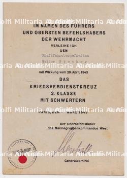 DIPLÔME DE LA CROIX DU MÉRITE DE GUERRE 2è CLASSE AVEC ÉPÉES , KRIEGSVERDIENSTKREUZ 2.KLASSE MIT SCHWERTEN, MIT WIRKUNG VOM 20-04-1943 , MARSHALL , PARIS, 30-03-1943 — photo 1