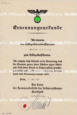 DIPLÔME DE NOMINATION D’ASSITANT D’AUXILLIAIRE DE LA DOUANE , ERNENNUNGSURKUNDE ZUM HILFZOLLASSISTENTEN , PARIS, 01-05-1943 — photo 1