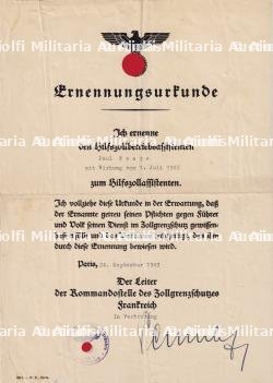 DIPLÔME DE NOMINATION D’ASSITANT D’AUXILLIAIRE DE LA DOUANE , ERNENNUNGSURKUNDE ZUM HILFZOLLASSISTENTEN (WIRKUNG 1-07-1943) , PARIS, 24-09-1943