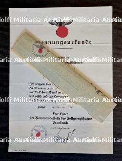 DIPLÔME DE NOMINATION D’ASSITANT D’AUXILLIAIRE DE LA DOUANE AVEC ENVELOPPE D’ORIGINE , ERNENNUNGSURKUNDE ZUM HILFZOLLASSISTENTEN , PARIS, 01-10-1942 — photo 1