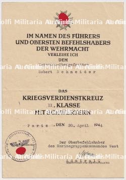 DIPLÔME DE LA CROIX DU MÉRITE DE GUERRE 2è CLASSE AVEC ÉPÉES , KRIEGSVERDIENSTKREUZ 2.KLASSE MIT SCHWERTEN , KRANCKE , PARIS, 20-04-1944