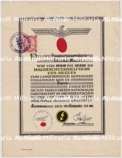DIPLÔME DE RECONNAISSANCE COMME AUXILIAIRE DE L'ARMÉE ALLEMANDE À PARIS (NACHRICHTENHELFERIN DES HEERES) À PARIS DU 15-04-1943 AU 31-08-1944 , BISSEN, 31-08-1944 — photo 1