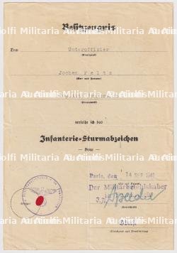 DIPLÔME DE L’INSIGNE DE COMBAT DANS L’INFANTERIE POUR UN MEMBRE DE LA PROPAGANDA ABTEILUNG FRANKREICH , SIGNATURE SPEIDEL , PARIS, 14-09-1941. — photo 1