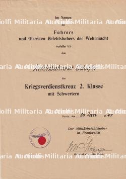 DIPLÔME DE LA CROIX DU MÉRITE DE GUERRE 2è CLASSE AVEC ÉPÉES POUR UN MEMBRE DE LA REICHSBAHN — photo 1