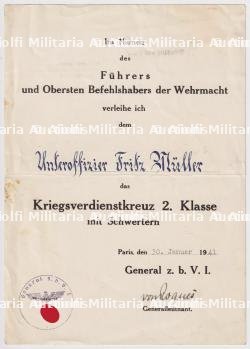 DIPLÔME DE LA CROIX DU MÉRITE DE GUERRE 2è CLASSE AVEC ÉPÉES POUR UN SOUS-OFFICIER , SIGNATURE VON ROQUES, PARIS, 30-01-1941 + ARBEITSBUCH — photo 3