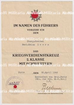 DIPLÔME DE LA CROIX DU MÉRITE DE GUERRE 2è CLASSE AVEC ÉPÉES POUR UN CAPORAL-CHEF, SIGNATURE BREHMER , PARIS, 20-04-1944 — photo 1