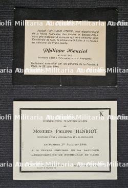 LOT DE DEUX DOCUMENTS SUR LES OBSÈQUES DE PHILIPPE HENRIOT(1889-1944). — photo 1