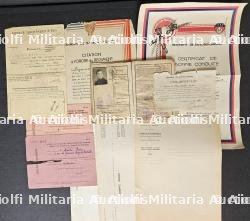 LOT DE DOCUMENTS D’UN SAPEUR-POMPIER DE PARIS ENGAGÉ VOLONTAIRE. EN 1941, CITATION À L’ORDRE DU RÉGIMENT ET CERTIFICAT DE BONNE CONDUITE ET FORMULAIRES VIERGES DIVERS