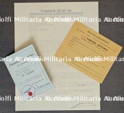 LOT DE DOCUMENTS SUR LE ,PARISER ZEITUNG » , LAISSEZ-PASSER DE LA REICHSPRESSKAMMER, COURRIER ET BULLETIN D’ABONNEMENT