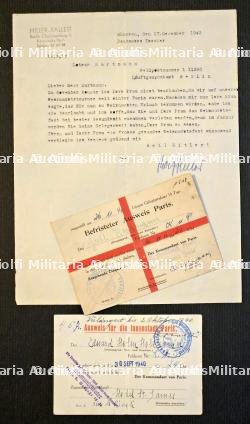 LAISSEZ-PASSER (X2) DE L’ORGANISATION KRAFT DURCH FREUDE (K.D.F) POUR PARIS INTRA-MUROS ET UNE LETTRE POUR DES ARTISTES ALLEMANDS — photo 1