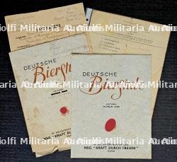 LOT DE MENUS DE LA BRASSERIE ALLEMANDE (« DEUTSCHE BIERSTUBE ») DU SOLDATENTHEATER « EMPIRE » ET PROGRAMME D’UNE SOIRÉE DE LA HEER DU 06-05-1943