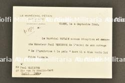 Carte d'accusé de réception du cabinet du Maréchal Pétain
