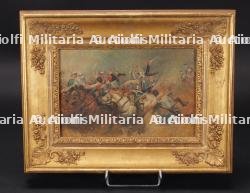 Peinture sur toile représentant une charge de cuirassiers à Rezonville en 1870. Oil painting on canvas depicting a cuirassier charge at Rezonville in 1870.