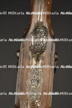 Superbe et rare paire de pistolets à double canons fin XVIIIe Canon Tordu garnitures en argent, platines silex transformées à percussion — photo 11