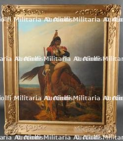 Huile sur toile représentant un cuirassier français 1er Empire avec un drapeau autrichien capturé — miniature 1