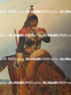 Huile sur toile représentant un cuirassier français 1er Empire avec un drapeau autrichien capturé — photo 3