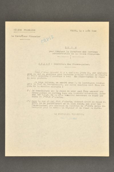 Document de la Milice Française. Aiolfi G.b.r.